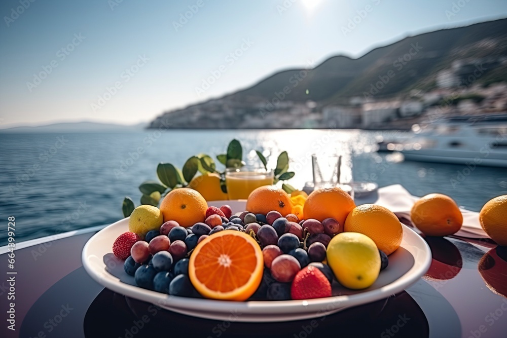 Fruit salad on the tabel on a boat with beautiful sea view.AI Generated
