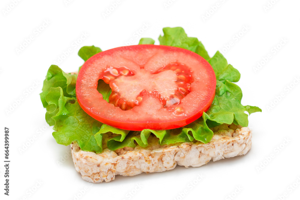 Rice Cake Sandwich with Tomato and Lettuce - Isolated on White. Easy Breakfast. Diet Food. Quick and Healthy Sandwiches. Crispbread with Tasty Filling. Healthy Dietary Snack - Isolation Rice Cake Sandwich with Tomato and Lettuce - Isolated on White. Easy Breakfast. Diet Food. Quick and Healthy Sandwiches. Crispbread with Tasty Filling. Healthy Dietary Snack - Isolation
