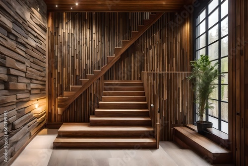 Wooden staircase and stone cladding wall in rustic hallway. Cozy home interior design of modern entrance hall with door.