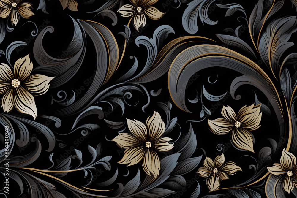 Abstract Black and Gold Ornate Floral Vine Pattern Background