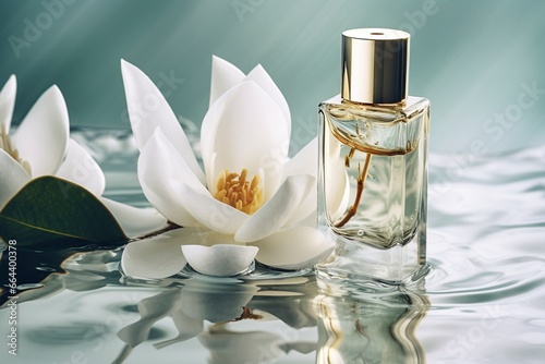 Bottle of luxury perfume and fresh jasmine flowers on light blue background.AI Generated	
 photo