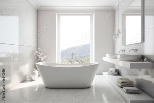 Luxury white modern bathroom with window in stylish design.