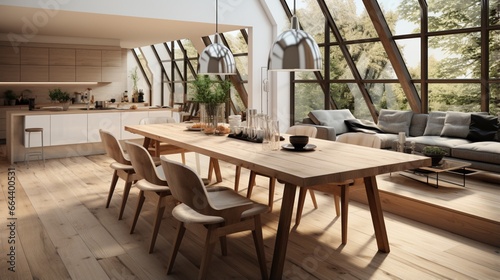 Scandinavian style interior design characterizes the modern dining room, creating a functional and inviting space for meals and gatherings