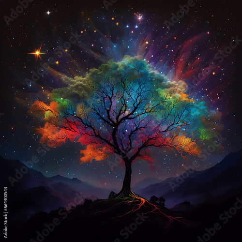 The most incredible tree of very colorful star light. Generative AI 