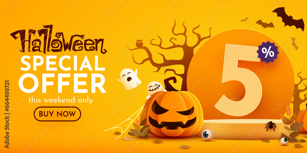 5 percents off. Halloween sale banner template. Podium and numbers with amount of discount. Special October offer. Vector illustration.