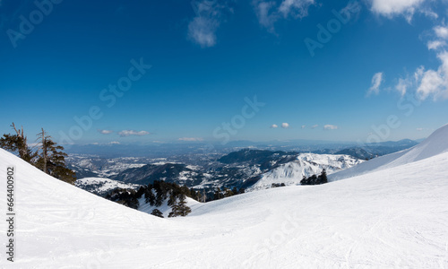 Breathtaking scenery on the snowy slopes of Vasilitsa ski center, Grevena, Greece