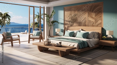 The interior design of a modern bedroom embraces coastal style