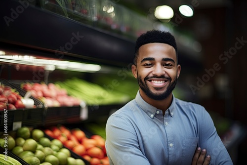 Worker standing in front of fruit section at the supermarket.AI Generated