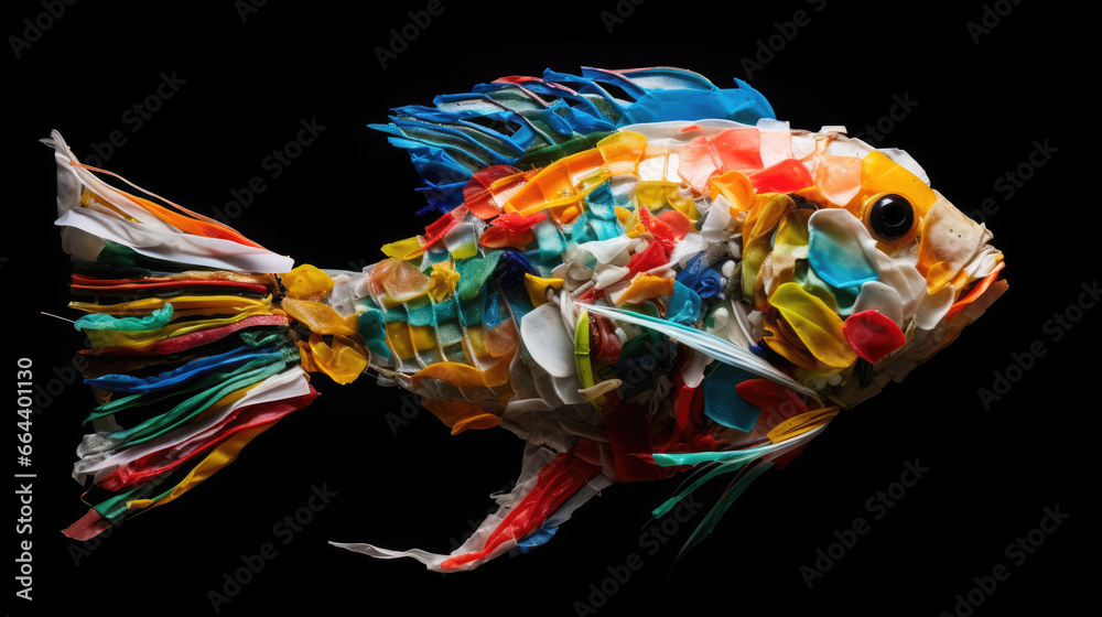 Fish made from plastic trash, concept representing plastic pollution in the ocean 