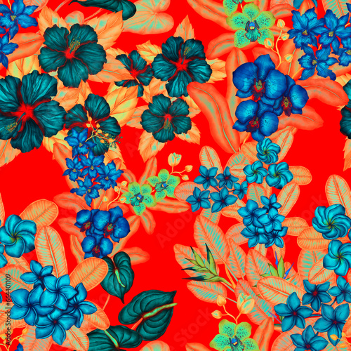 Watercolor seamless pattern with tropical flowers. Beautiful allover print wi...
