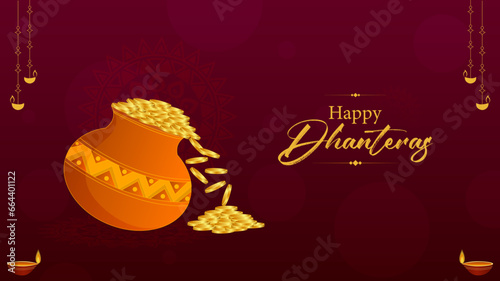 illustration of Gold coin in pot for Dhanteras celebration on Happy Diwali light festival of India background
