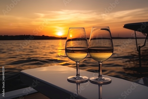 Romantic evening sunset with alcohol glass on a boat. AI Generated