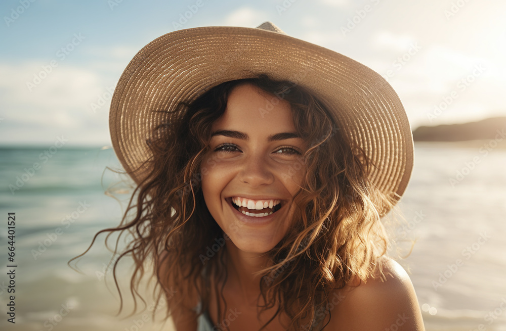 happy smiling woman in a straw hat having fun on a beach