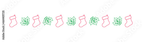 Christmas themed decorative border and text divider, Christmas Stocking and Mistletoe Pattern Line Art Doodle. Vector Illustration.