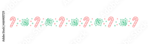 Christmas themed decorative border and text divider, Mistletoe and Candy Cane Pattern Outline Doodle. Vector Illustration.