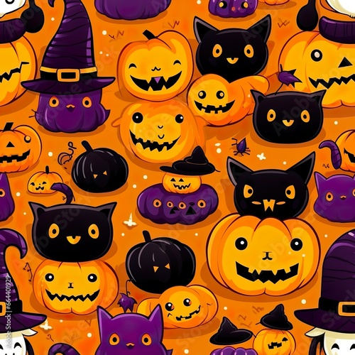 halloween seamless pattern with pumpkins/cute/catoon style/generative AI
