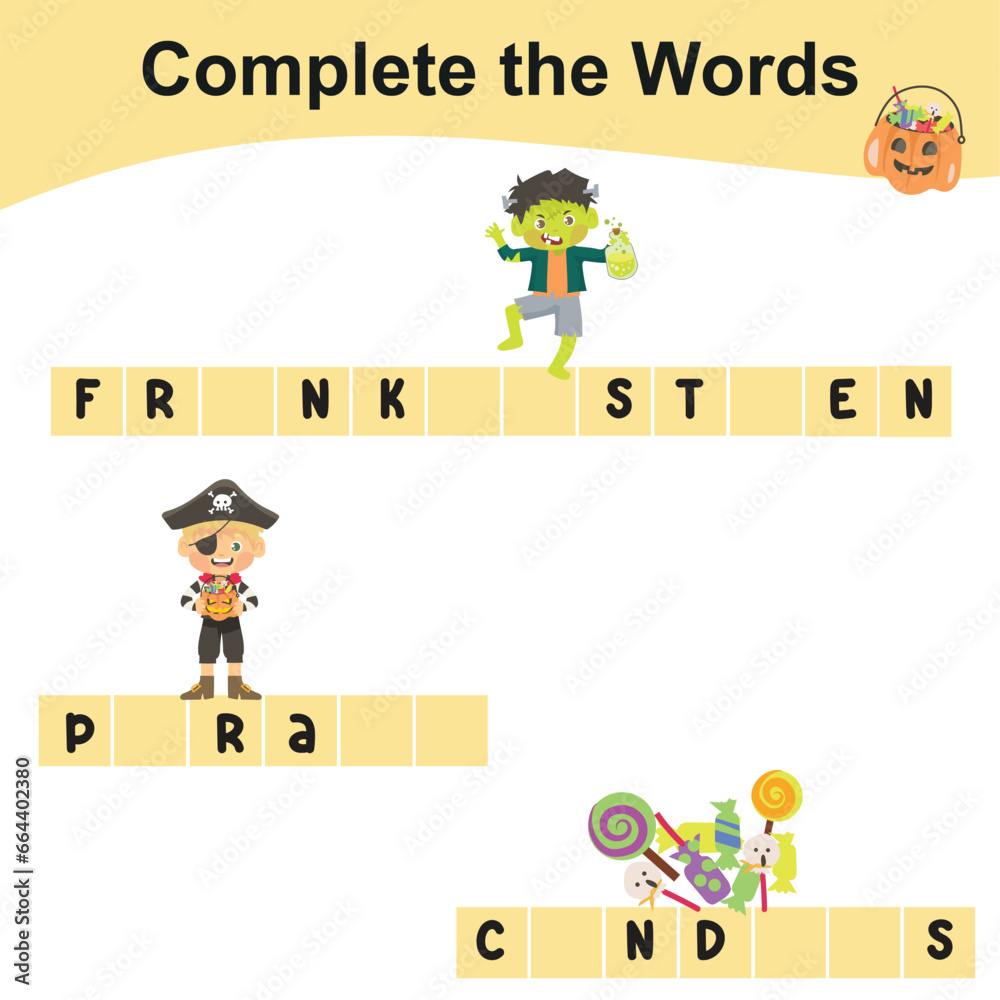 Fototapeta premium Complete the words worksheet with Halloween festival theme. Write the missing letters and complete the words. Writing the Halloween elements for preschool children. Writing activity. 