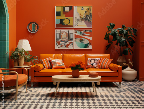 Modern Living Room with Tangerine Walls and Cane Sofa