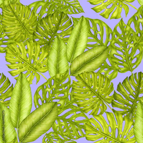 Watercolor seamless pattern with tropical leaves. Beautiful allover print wit...