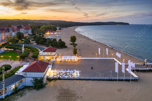 Beautiful architecture of Sopot city by the Baltic Sea at sunset, Poland. photo