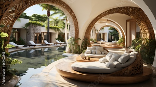 The poolside lounge area features a rattan sofa adorned with ornamental pillows, offering a tranquil and beautiful hotel spa or wellness concept in a recreational vacation resort