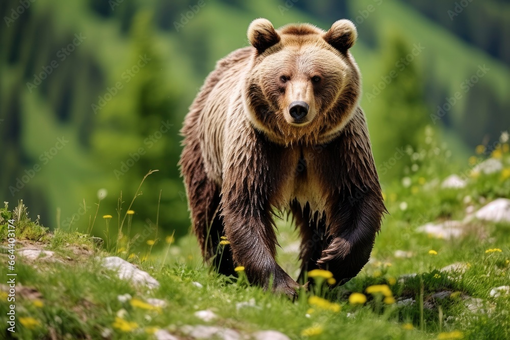 Fototapeta premium Brown bear moving on the green meadow in springtime nature.