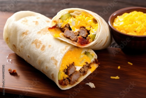 Breakfast burrito with sausage, eggs, hashbrown and cheese. AI Generated