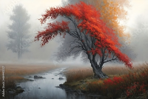 Autumn painting, tree with red fall foliage by a brook, hazy foggy mist, wide, copyspace.