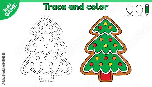 Kids game. Trace and color. Connect dotted lines and draw a gingerbread christmas tree. Handwriting practice worksheet. Writing and coloring page for children. Vector puzzle for preschool education.