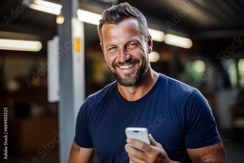 Smiling middle-aged man with a smartphone against the background of solar panels. Experienced entrepreneur runs a business installing solar panels. Alternative energy and smart home technology.