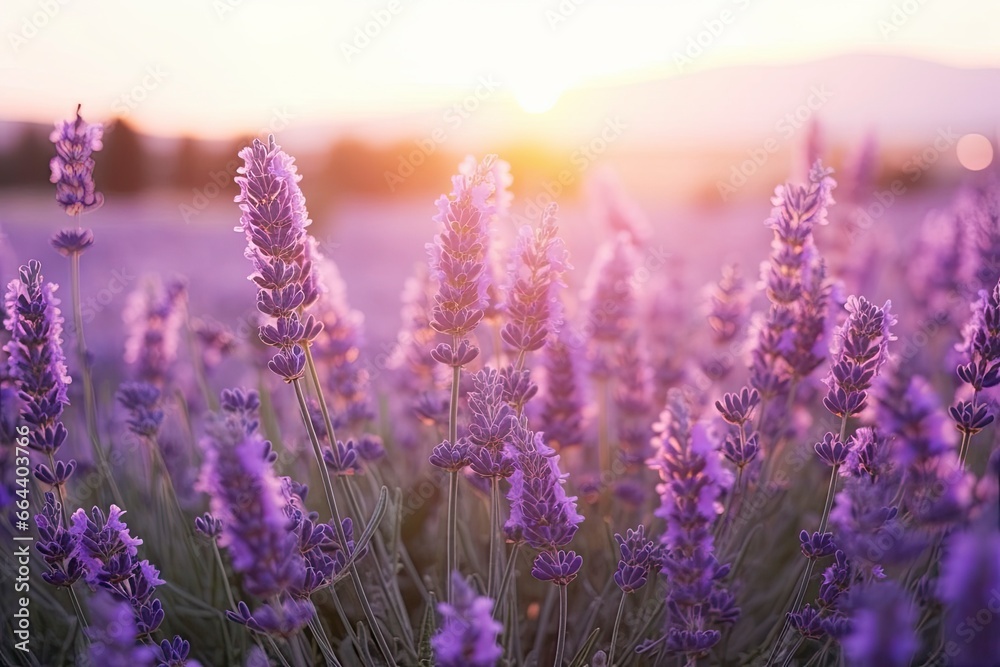 Close up lavender flowers in beautiful field at sunset.