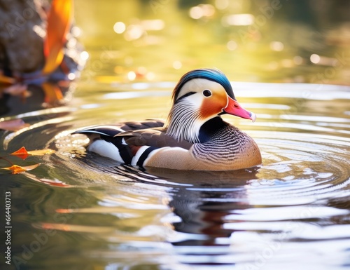 Closeup of mandarin duck swimming in lake.