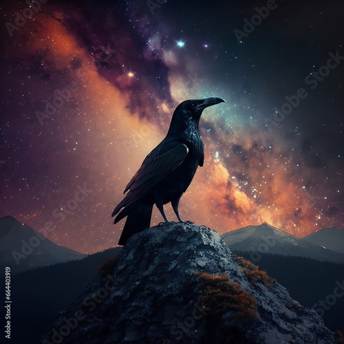 Crow on a top of a mountain watching a galaxy.