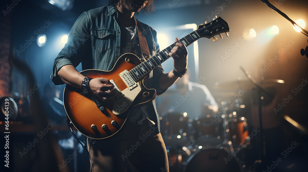 Guitarist playing an electric guitar in a recording studio, music concept. Band performing live on stage in nightclub. Music festival, concert, show.