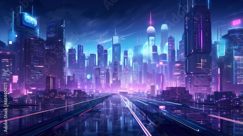  A futuristic  cyberpunk inspired cityscape at night.