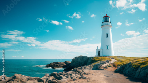 A lighthouse on a rocky shore with water in the background on a sunny day