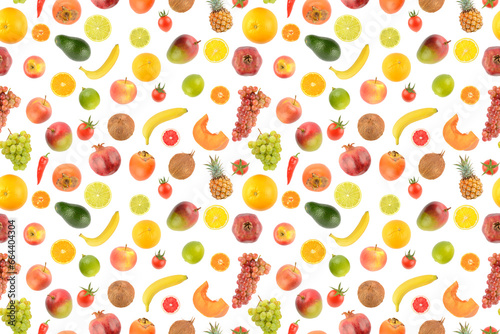 Big set fruits and vegetables isolated on white. Seamless pattern.