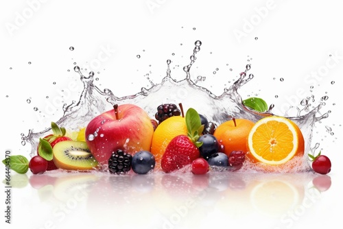 Graphic with fruits  water drops  splashes on white background. Generative AI