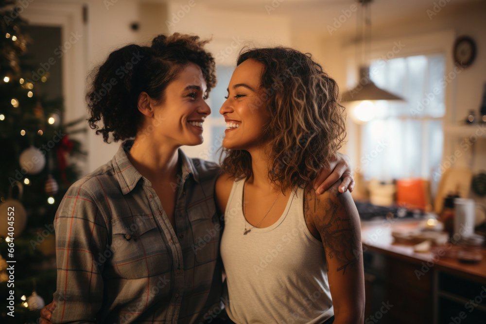 Happy lesbian couple celebrating Christmas at home Happy lesbian couple celebrating Christmas at home