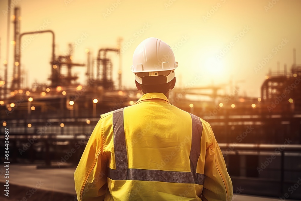 Back view of engineer wearing safety clothes and hardhat at Pipeline and pipe rack of petroleum, chemical, hydrogen industrial plant. Industrial zone area. Back view of engineer wearing safety clothes and hardhat at Pipeline and pipe rack of petroleum, chemical, hydrogen industrial plant. Industrial zone area.