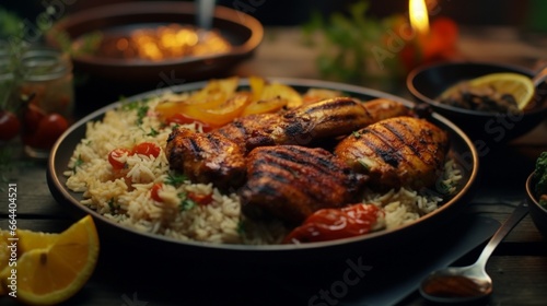 Prepared meals of grilled chicken, cooked rice, and vegetables.