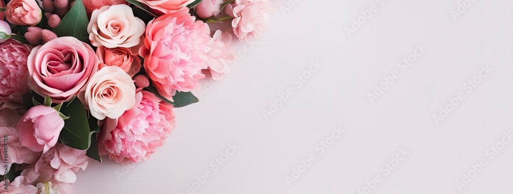 Fresh bunch of pink peonies and roses with copy space.