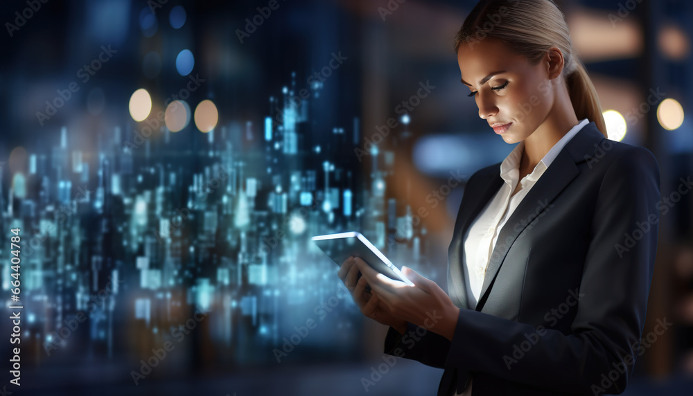 Confident businesswoman standing in workplace with hologram elements in the background and looking at tablet.