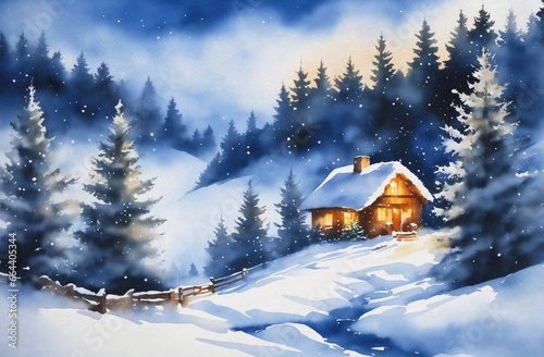 snow covered winter wonderland watercolor painting artwork © magann