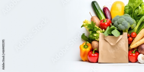 Healthy food in paper bag vegetables and fruits on white background.