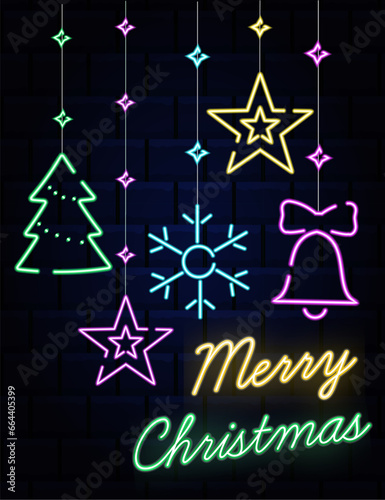 Christmas hanging neon decoration, glowing colored ornament isolated background, vector illustration. Greeting card of Happy New Year and Merry Christmas.