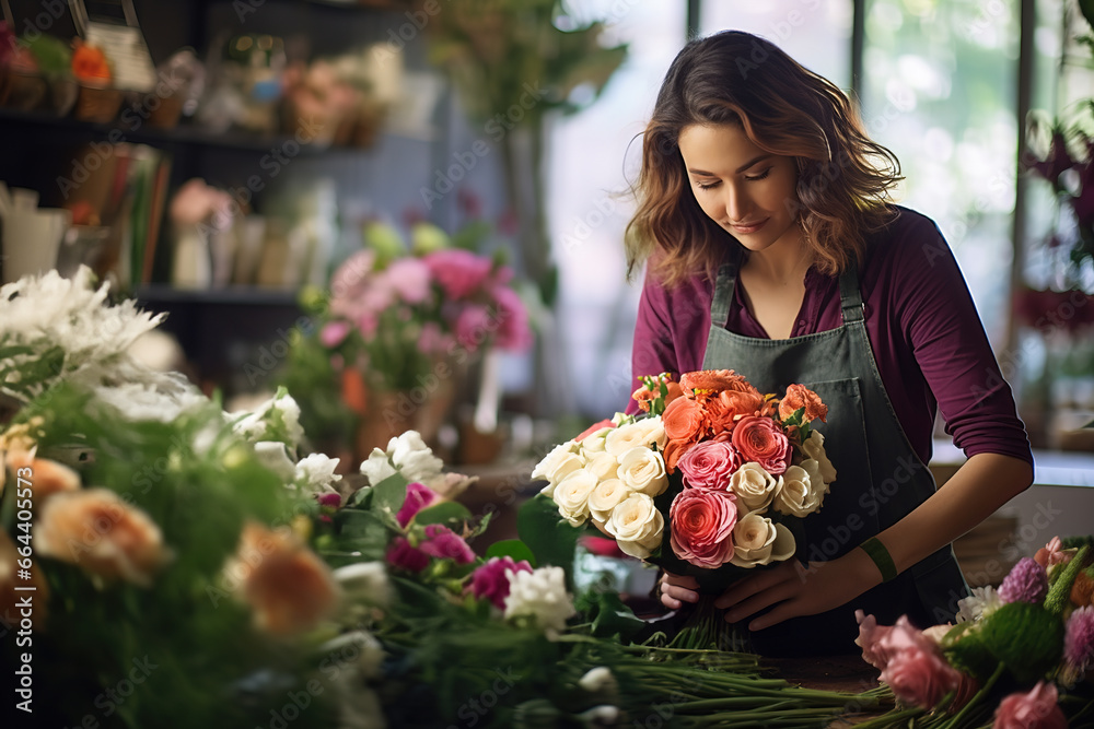 Female florist enjoying in creating colorful flowers bouquet in flower shop. Flower shop concept.