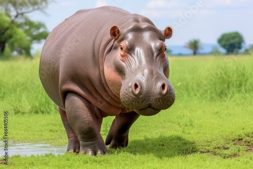 Hippopotamus Walking in a green field. © Dibos