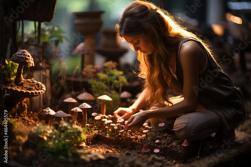 A fairy delicately crafting a miniature garden with tiny flowers and mushrooms, showcasing the love and creation of enchanted landscapes, love and creation © Лариса Лазебная
