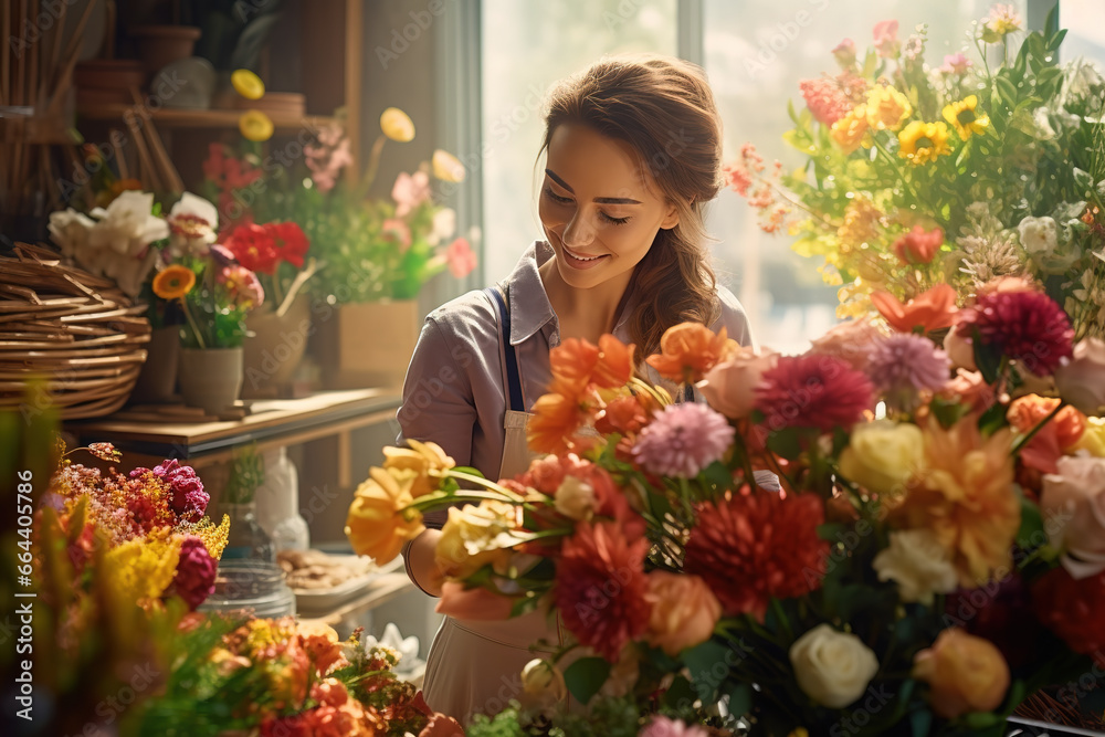 Young smiling florist making bouquets with artificial flowers at workplace. Entrepreneur working at flower shop.